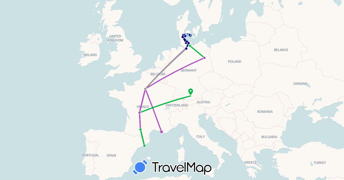 TravelMap itinerary: driving, bus, plane, train, boat in Germany, Denmark, Spain, France (Europe)