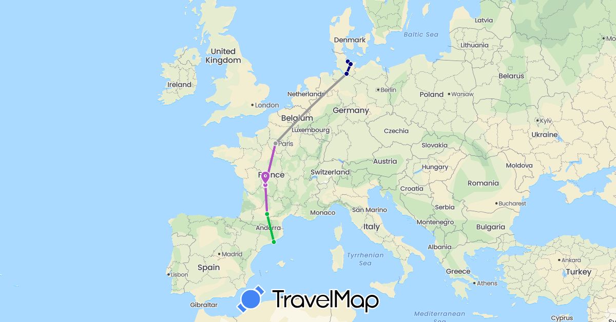 TravelMap itinerary: driving, bus, plane, train in Germany, Spain, France (Europe)