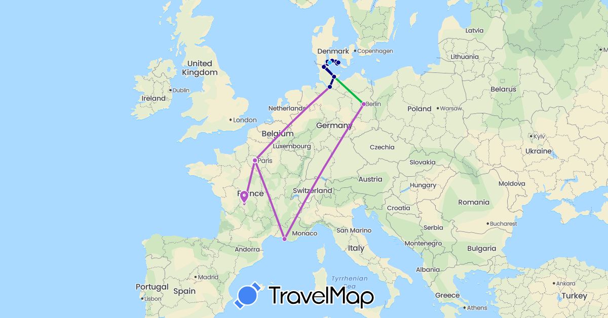 TravelMap itinerary: driving, bus, train, boat in Germany, Denmark, France (Europe)